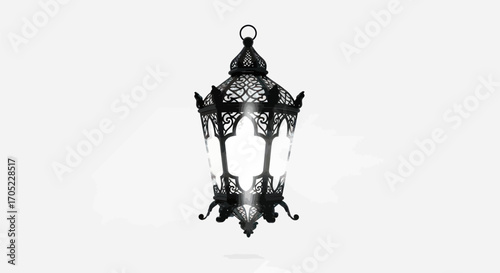 Ornate illuminated lantern casting luminous reflections on a stark white backdrop