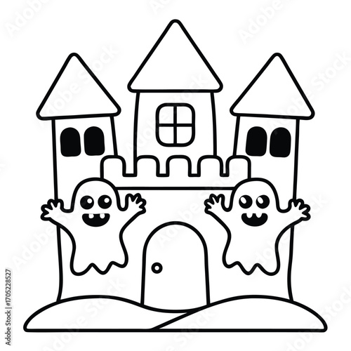 Castle with two friendly ghosts and turret roofs Keywords: castle, fortress, building, architecture, ghosts, friendly, cute, happy, smiling, arms raised, windows, door, turrets, roofs, outline