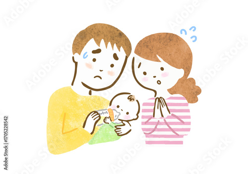 赤ちゃんの授乳がうまくいかずに焦る父親に寄り添うママの手描きイラスト