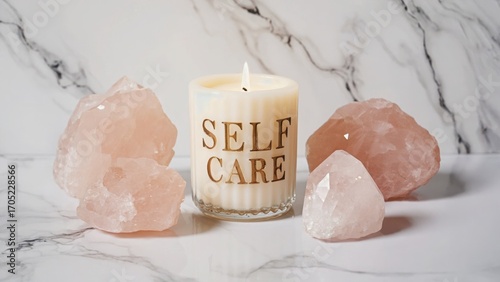 candle in jar with self care inscription on marble with rose quartz