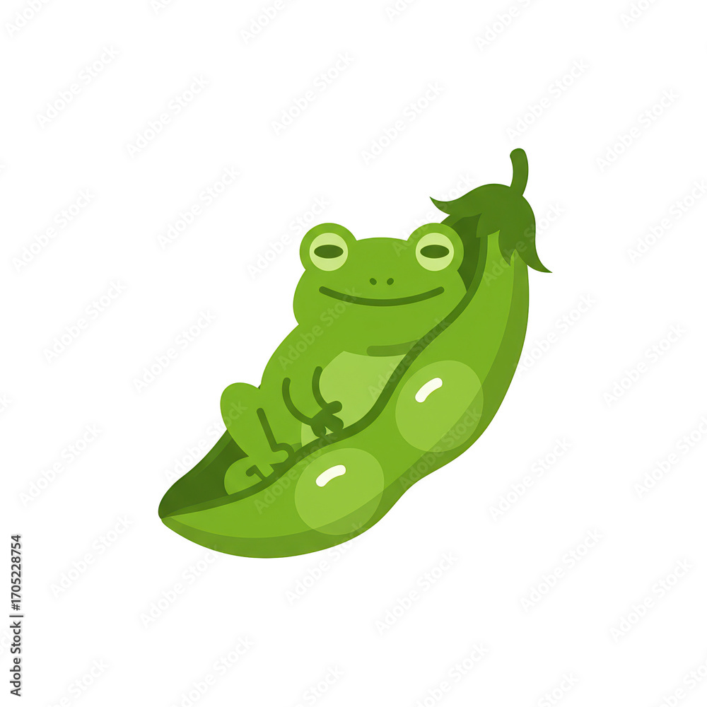 Fototapeta premium A charming illustration of a happy green frog resting comfortably inside a vibrant green pea pod. Perfect for nature, food, or cute animal themes.