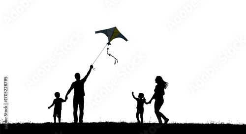 Silhouette family fun flying kite on grass field under clear sky representing freedom and joy of