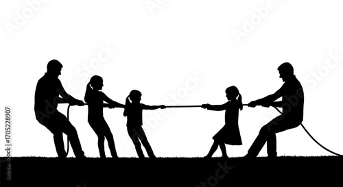 Silhouette illustration depicting a family engaging in a playful tug-of-war competition outdoors