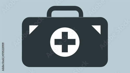Medical kit with a prominent cross symbol set against a light blue background