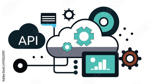 Cloud computing concepts with gears and analytics represented on a digital device, illustrating API functions