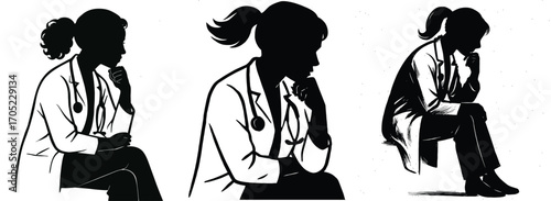 Set of three female doctor silhouettes showing thoughtful poses and medical attire 
