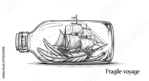 Sketch of a ship in a bottle, adorned with delicate feathers symbolizing freedom and imagination