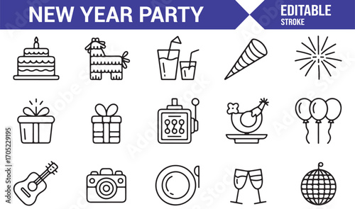 New Year holiday party icons set with fun, joy, and entertainment in stroke style