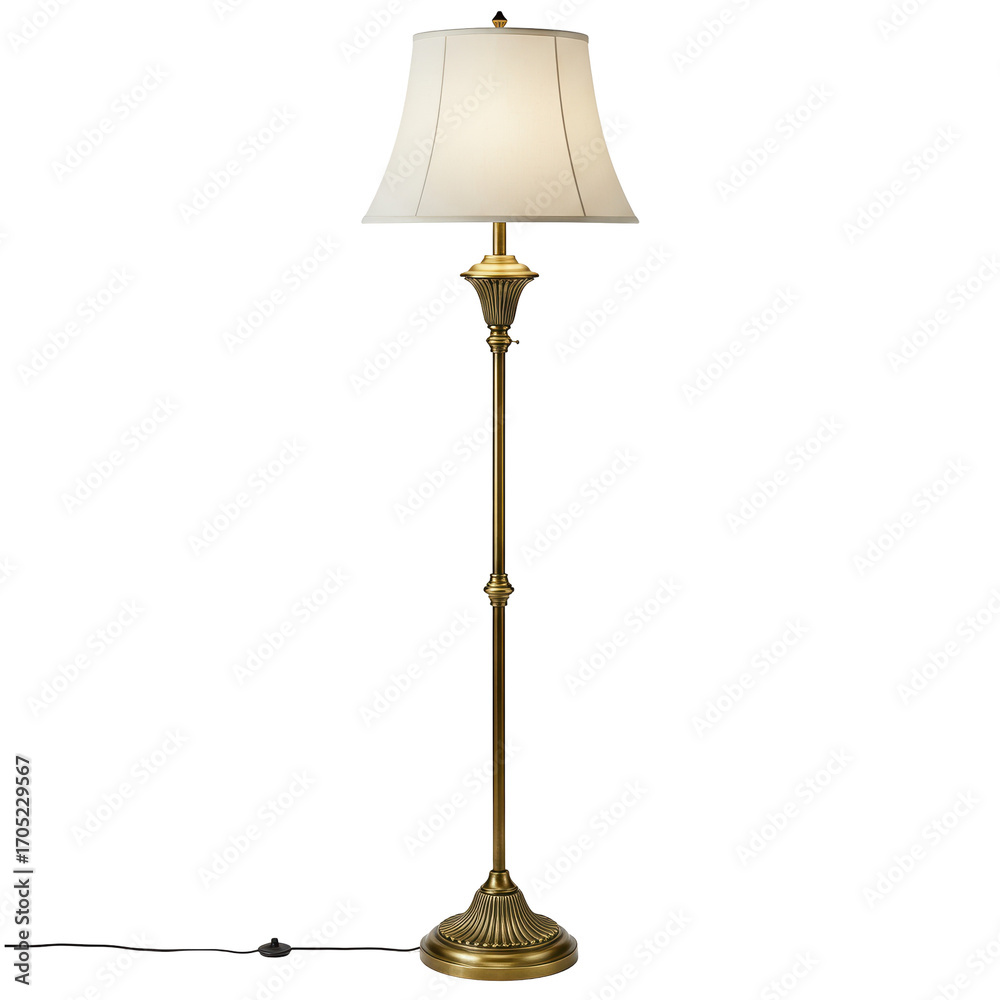 Obraz premium A classic brass floor lamp featuring a white fabric lampshade, perfect for adding an elegant touch to any interior space or home decor project.