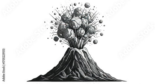 Stylized volcanic eruption with stylized rocks and volcanic plumes showcasing nature's raw power