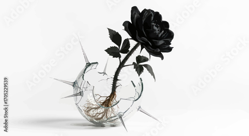 Symbolic representation of fragile beauty with a black rose in a broken sphere