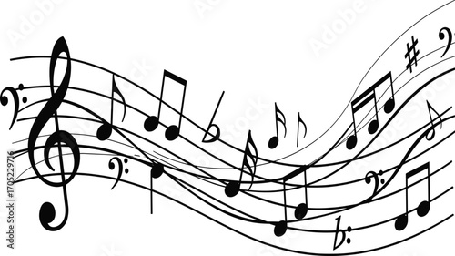 Musical notes vector design, treble clef illustration, flowing staff lines, rhythmic composition graphic, artistic music symbols, melody-themed icon pack