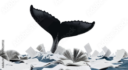 Whale tail rising from ocean of books: Knowledge, literacy, and learning concept art