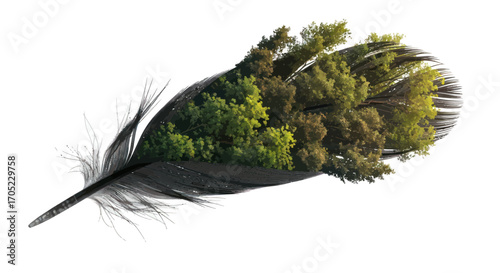 Whimsical fusion of nature and avian grace: A feather adorned with a forest landscape