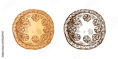 Hand drawn vintage sketch of round pie with decorative swirls on crust isolated vector illustration in retro style