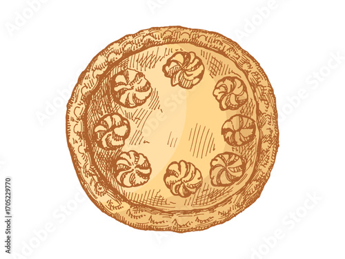 Hand drawn vintage sketch of whole round pie with decorative cream swirls on crust isolated retro style illustration