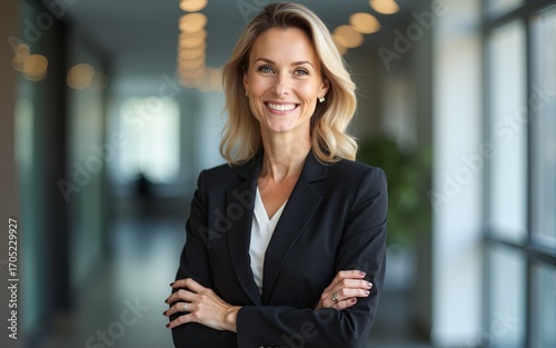 Smiling businesswoman executive manager leader, happy professional elegant mature 45 years old business woman, middle aged female entrepreneur standing at work in office. Full body portrait.