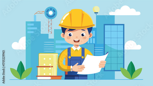 Young construction worker reviewing plans against city skyline with buildings and cranes at daytime