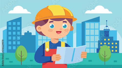 Young boy wearing a helmet examines construction plans in an urban setting during a sunny day