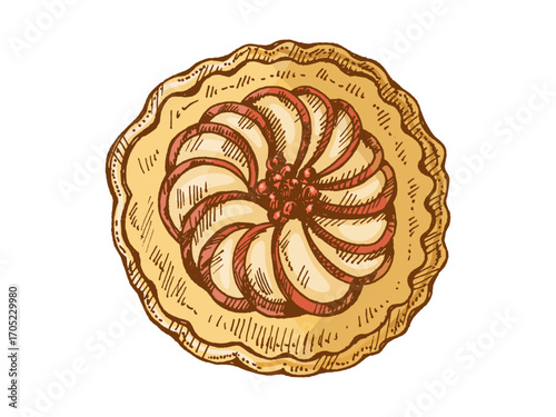 Hand drawn vintage sketch of round apple pie with slices and berries on top isolated vector illustration