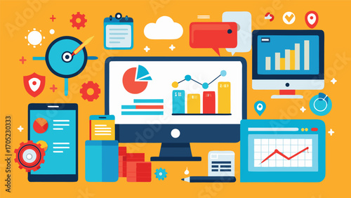 Illustration of modern data analysis tools and metrics on an orange background with various devices and graphs