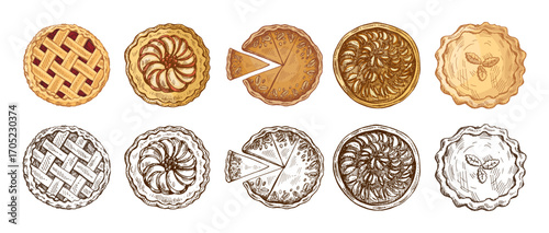 Hand drawn vintage sketch set of assorted sweet pies and tarts with lattice crust, sliced and whole illustrations