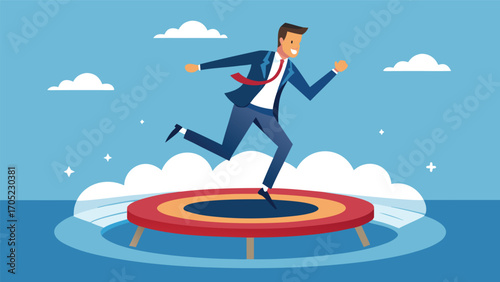 Businessman jumping on a trampoline over water during a bright sunny day