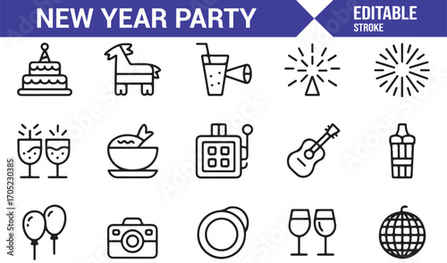 Holiday and New Year celebration icons collection with champagne and festive symbols