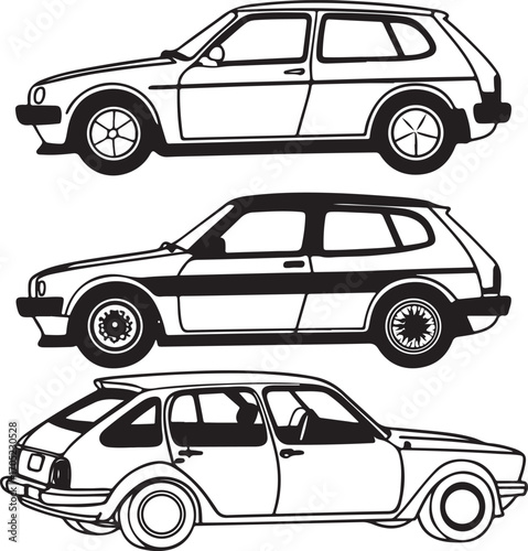 Vector drawing of vehicles in side profile symbolizing car models, automotive history, and mobility design