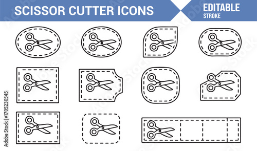 Coupon and ticket scissor icon pack with dashed borders, deals, and shopping tags