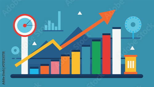 Growth chart displaying data trends with colorful bars and graphical elements on a blue background