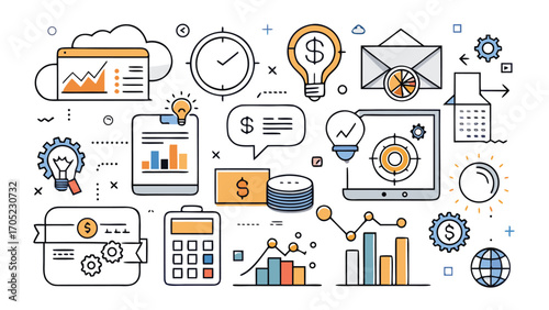 Financial concepts illustrated with charts and symbols in a colorful design featuring money and analytics