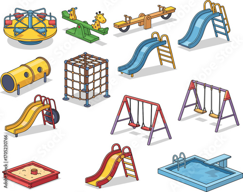Playground equipment vector set, colorful recreation icons, slides, swings, seesaws, sandbox, pool, fun park elements, children activity graphics