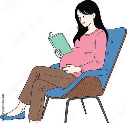 Pregnant woman reading book, cozy chair illustration, prenatal care concept, maternity relaxation vector, calm lifestyle, motherhood education clipart
