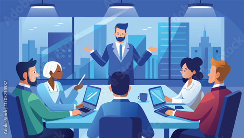 Business professionals engaged in a meeting with a presenter in a modern office environment
