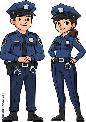 Police officer cartoon, male and female characters, law enforcement illustration, uniformed personnel vector, confident pose, educational design, safety concept