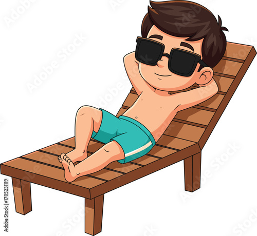 Relaxed child, summer vacation, beach vibes, lounge chair, sunglasses, poolside fun, tropical mood, leisure time, sunny day, cartoon illustration