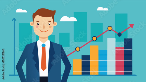 Business professional standing confidently in front of a colorful financial chart representing growth and success