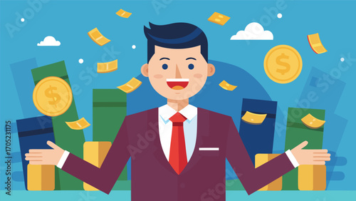 Businessman celebrating success with money and investments in a colorful graphic setting
