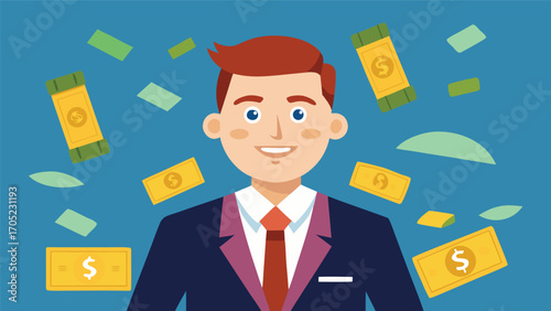 Businessman smiling with money flying around him in a colorful, playful illustration