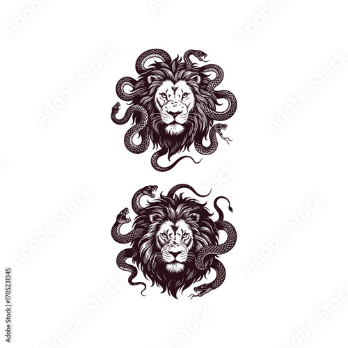 An intricate black engraving of a majestic lion's head, encircled by four coiling, hissing snakes. Vector template illustration