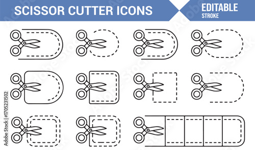 Editable stroke coupon tag icons with dashed borders, scissor cutouts, and shapes