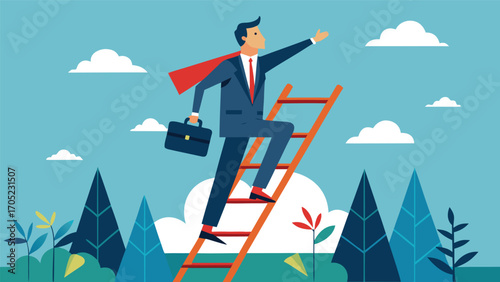 Businessman climbing ladder toward success with determination and confidence in a vibrant landscape