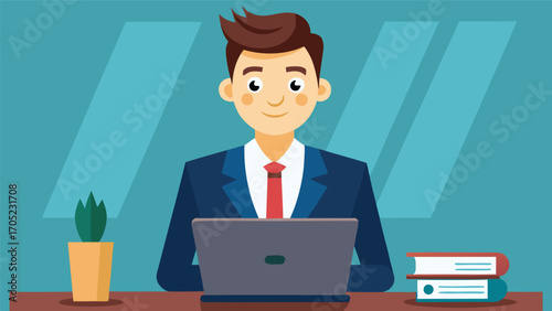 Young businessman working diligently at his desk with laptop and books in bright office environment