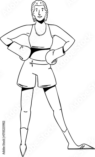 A woman at a boxing or kickboxing training session. Vector illustration. Black and white sketch.
