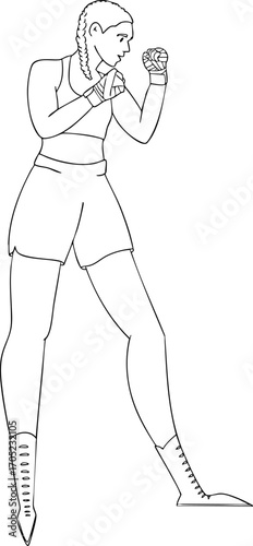 A woman at a boxing or kickboxing training session. Vector illustration. Black and white sketch.