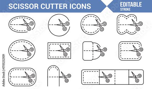Coupon and discount scissor cutout icons collection with tickets and vouchers in line style