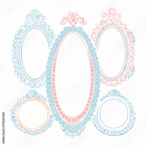 Cute wavy lace and pearl wedding frames. Vector hand drawn oval vintage border set. 