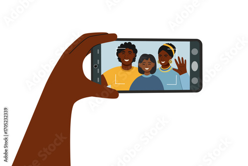 Concept of selfie on smartphone camera. Black skin family with child taking a photo. Concept of online call. Vector hand drawn clipart isolated on white background.
