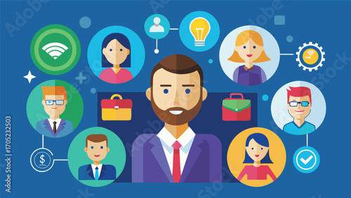 Digital networking concept with diverse people and technology icons representing connections and ideas